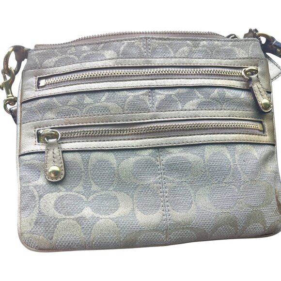 Coach Signature Stripe Metallic Crossbody Bag Gold Jacquard Lime Lining - Picture 3 of 16
